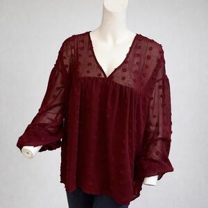 Entro Burgundy Swiss Dot Sheer Babydoll Blouse